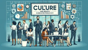 Título grande em caixa "Cultura Organizacional e Resultados", pessoas bem vestidas representando os mais variados setores de trabalho de uma empresa. Gráficos de rosca, gráficos de linha e barras representando melhoria de performance e resultados